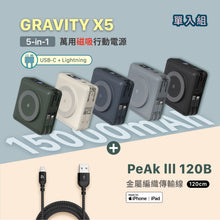將圖片載入圖庫檢視器 GRAVITY X5 USB-C & Lightning 五合一萬用磁吸行動電源 搭配 PeAk III 120B 金屬編織傳輸線
