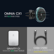 OMNIA CX1 - LED炫光藍車用磁吸充電器 ＋ GRAVITY C1 - 磁吸無線快充行動電源 ＋ CASA C120C USB-C 對 USB-C 60W 充電傳輸線（120cm）