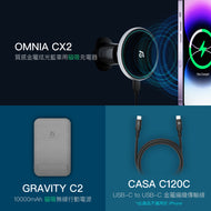 OMNIA CX2 - 質感金屬炫光藍車用磁吸充電器 ＋ GRAVITY C2  磁吸無線快充行動電源 ＋ CASA C120C USB-C 對 USB-C 60W 充電傳輸線（120cm）